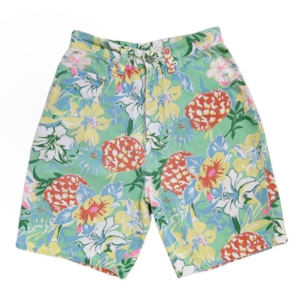 90s Vintage Highwaisted Hawaiian Print Jean Shorts Pineapple Flower Denim Pepe. - Picture 1 of 4